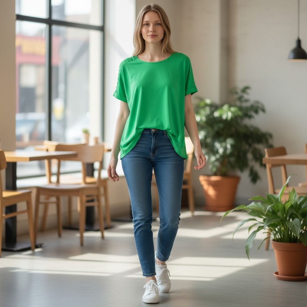 La Mode Green Short Sleeve Pleated Shoulder Blouse Cotton Blend Top